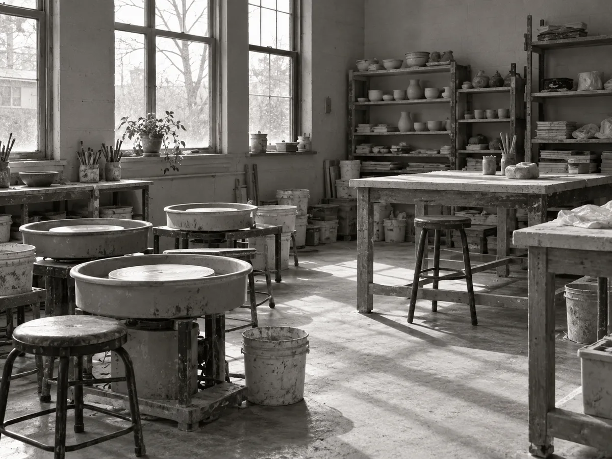 Conceptual black-and-white view of a community ceramics classroom