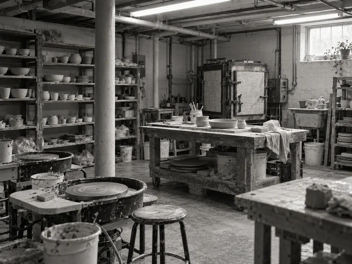 Conceptual black-and-white view of a basement ceramics studio with wheels and a kiln