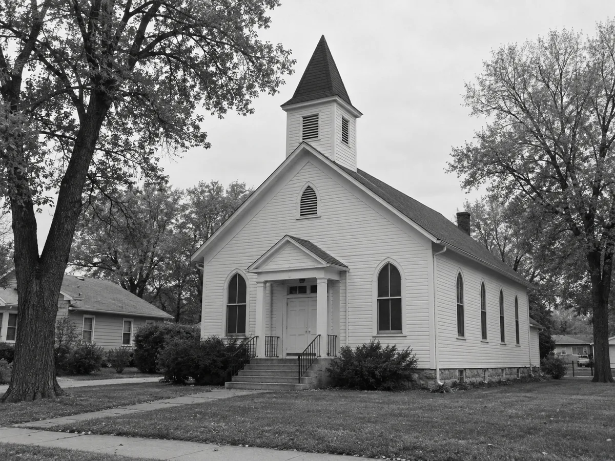 Conceptual black-and-white view of a modest former church building