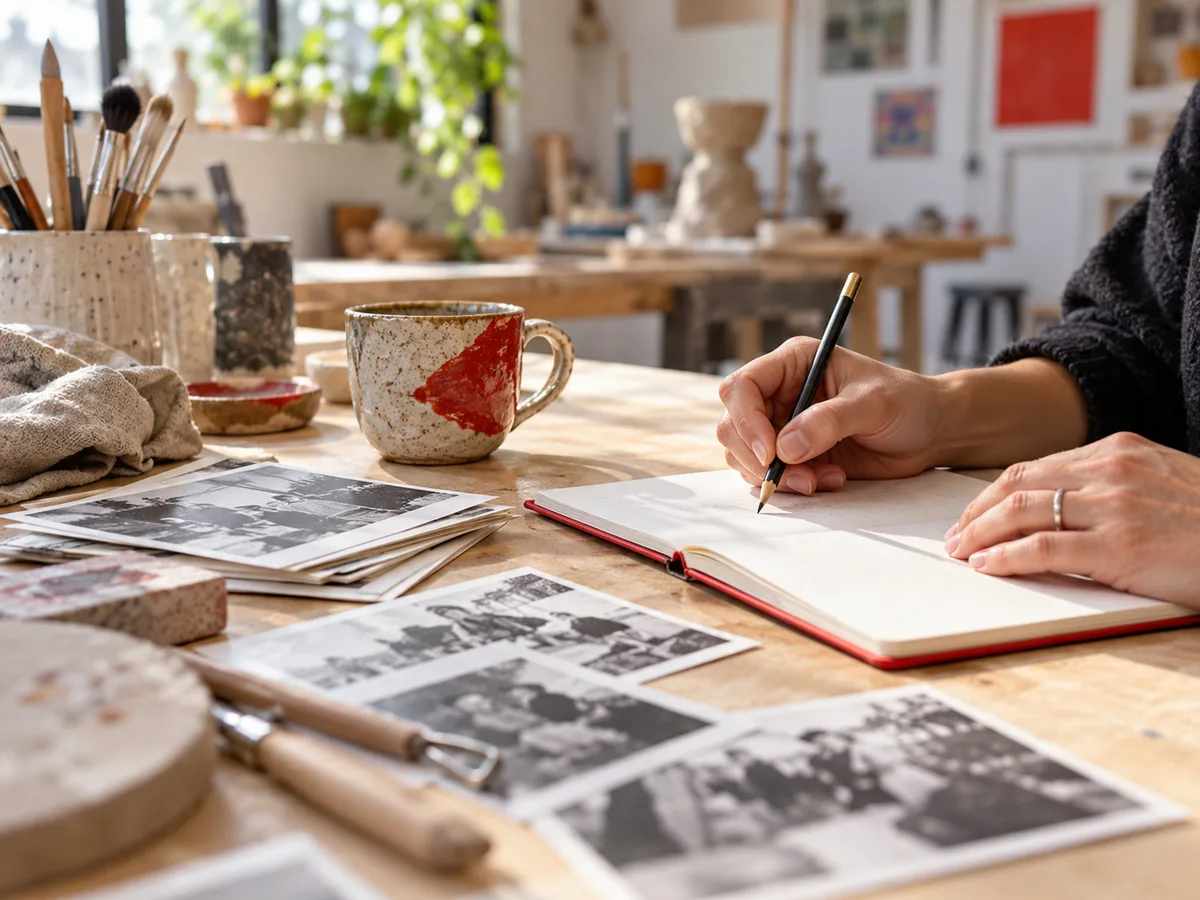 Artist writing beside photographs, ceramic work and studio tools