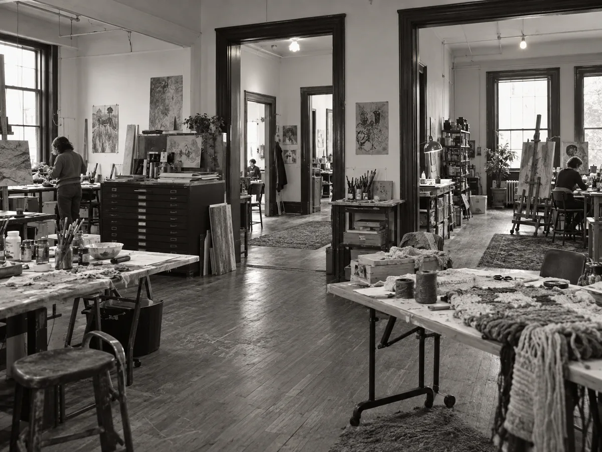 Conceptual black-and-white view across connected shared artist studios